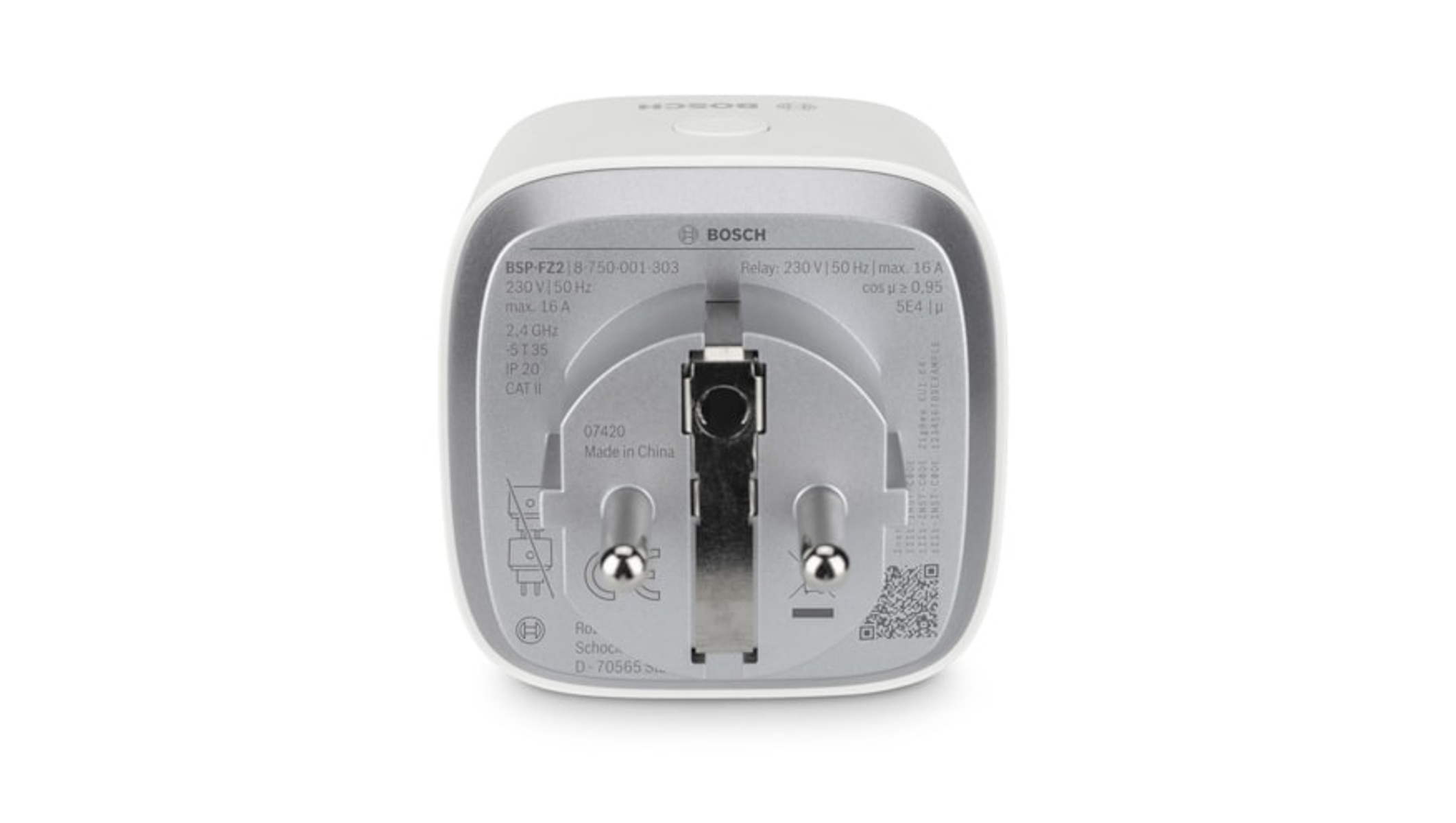 Weißer Bosch Smart Plug mit silberner Vorderseite. Hat einen Stecker und das Bosch-Logo.