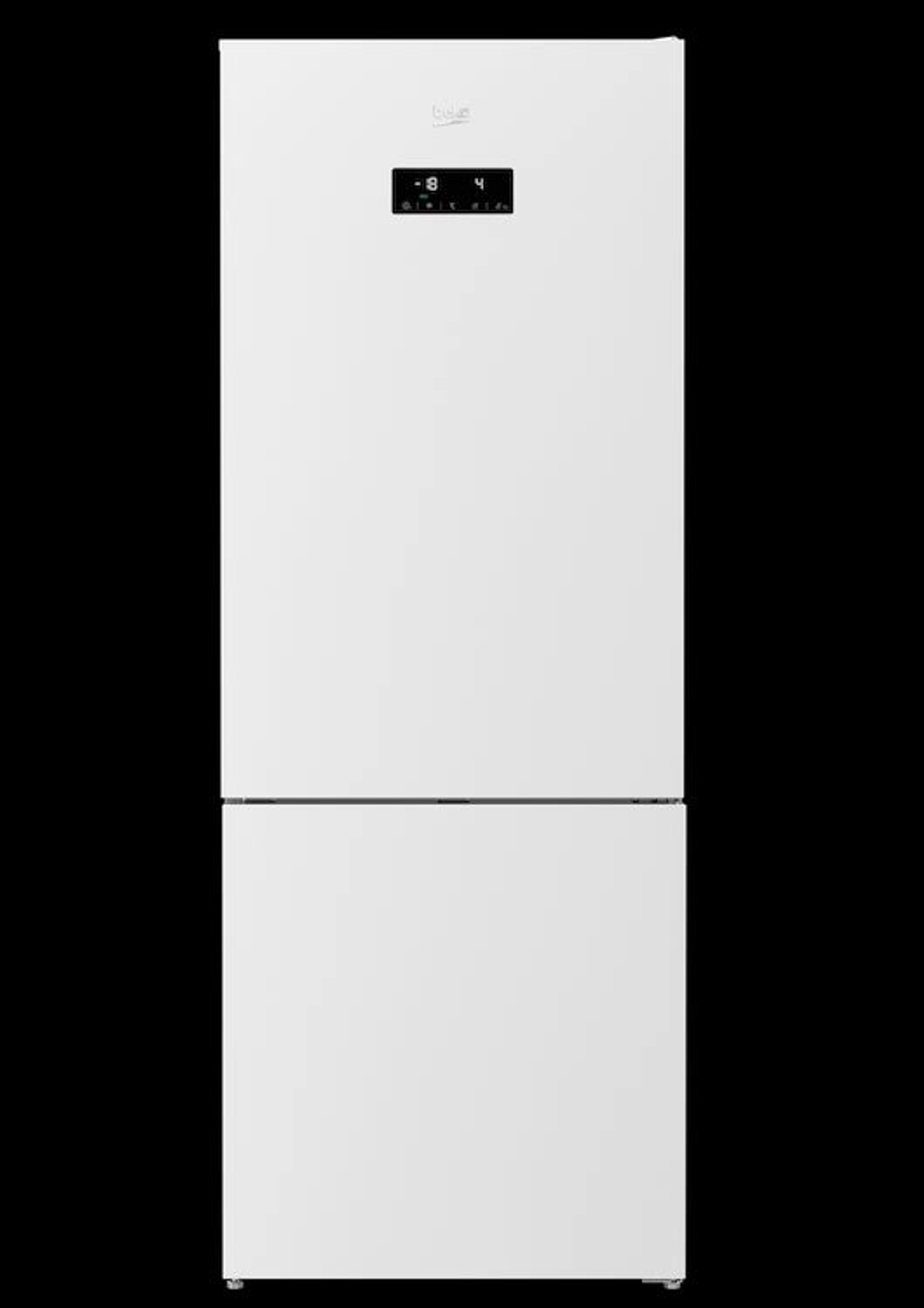 Frigorifero bianco con vano congelatore in basso. Il display mostra -8 e 4.