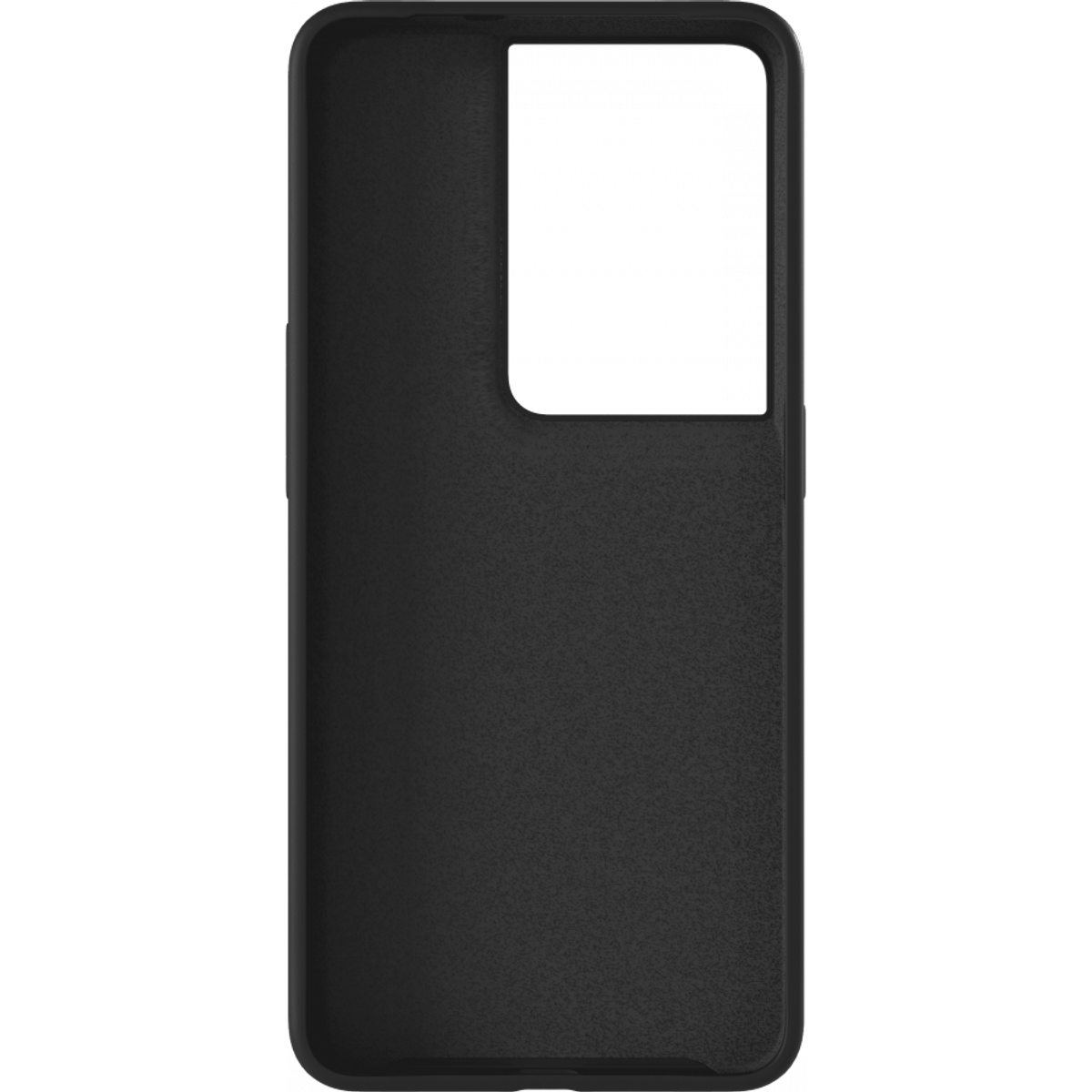 Une coque de téléphone noire avec une découpe rectangulaire pour l'appareil photo à l'arrière.