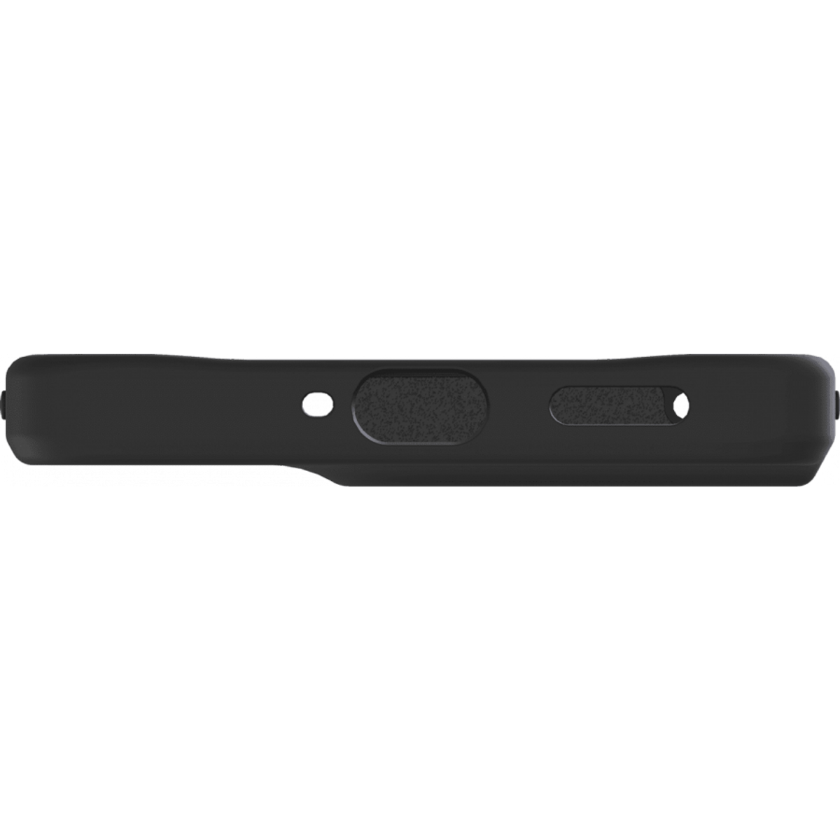 Coque de téléphone noire avec des trous sur le côté, montrant un port de charge et un haut-parleur.