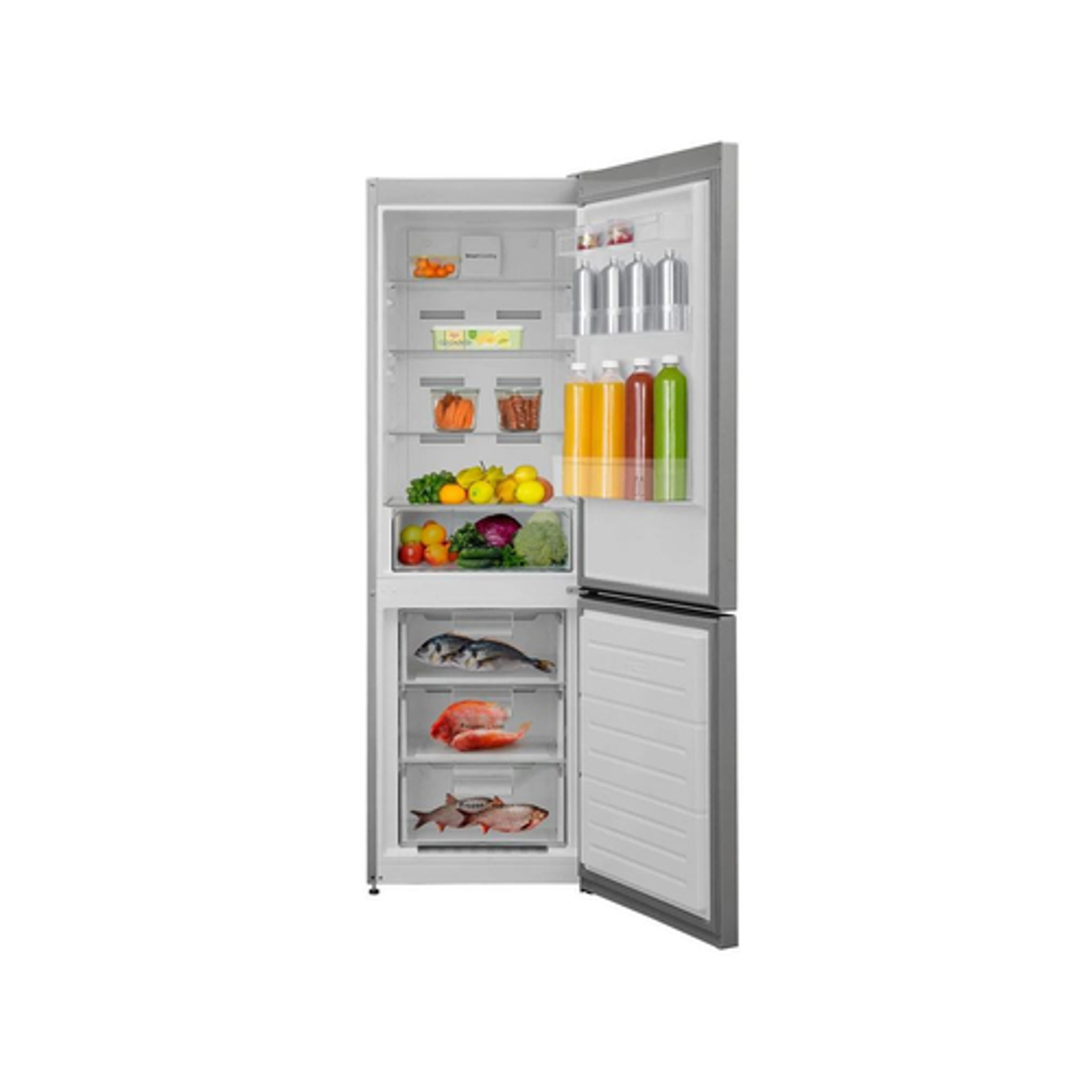 Un refrigerador con la puerta abierta, mostrando alimentos en los estantes.