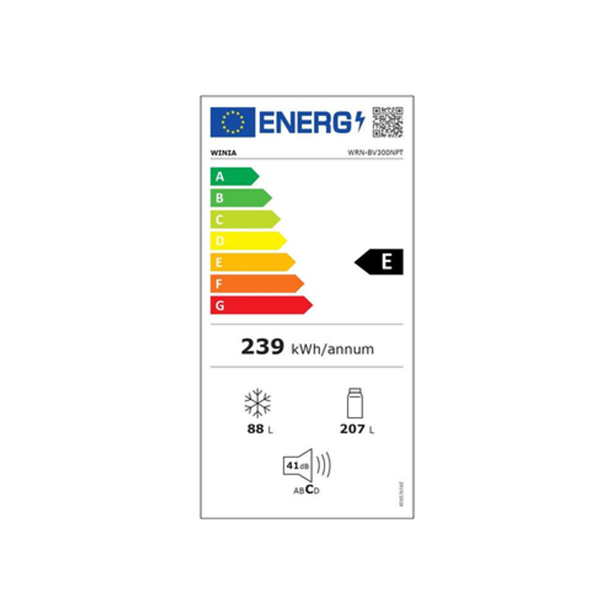 Etiqueta energética para un refrigerador. Muestra la eficiencia energética, el consumo y la capacidad.