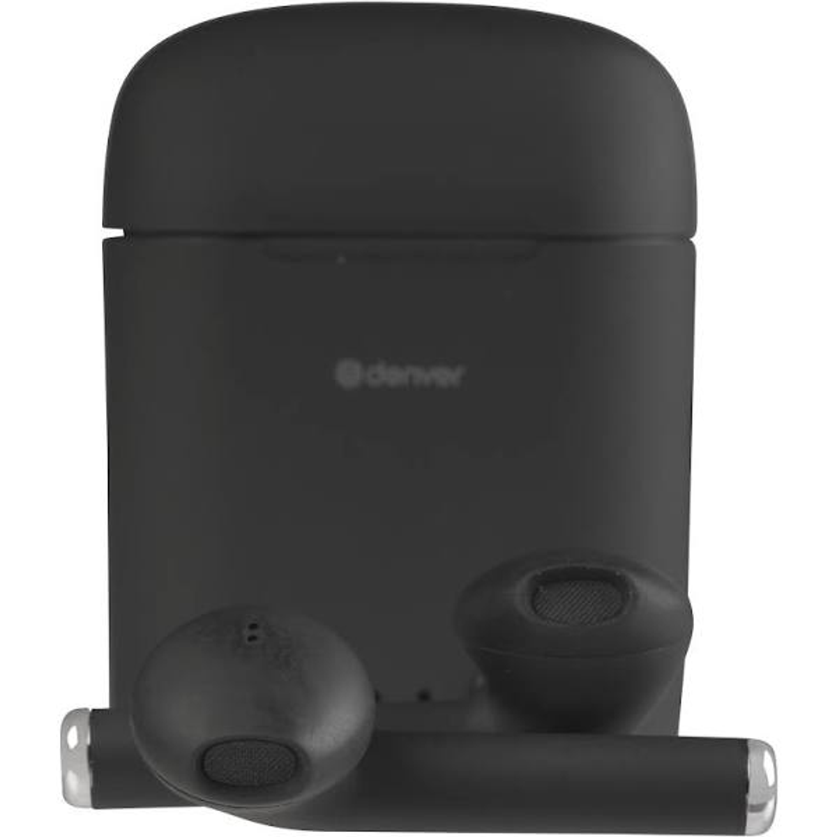 Auricolari neri con custodia di ricarica. Sulla custodia c'è il marchio "@denver".
