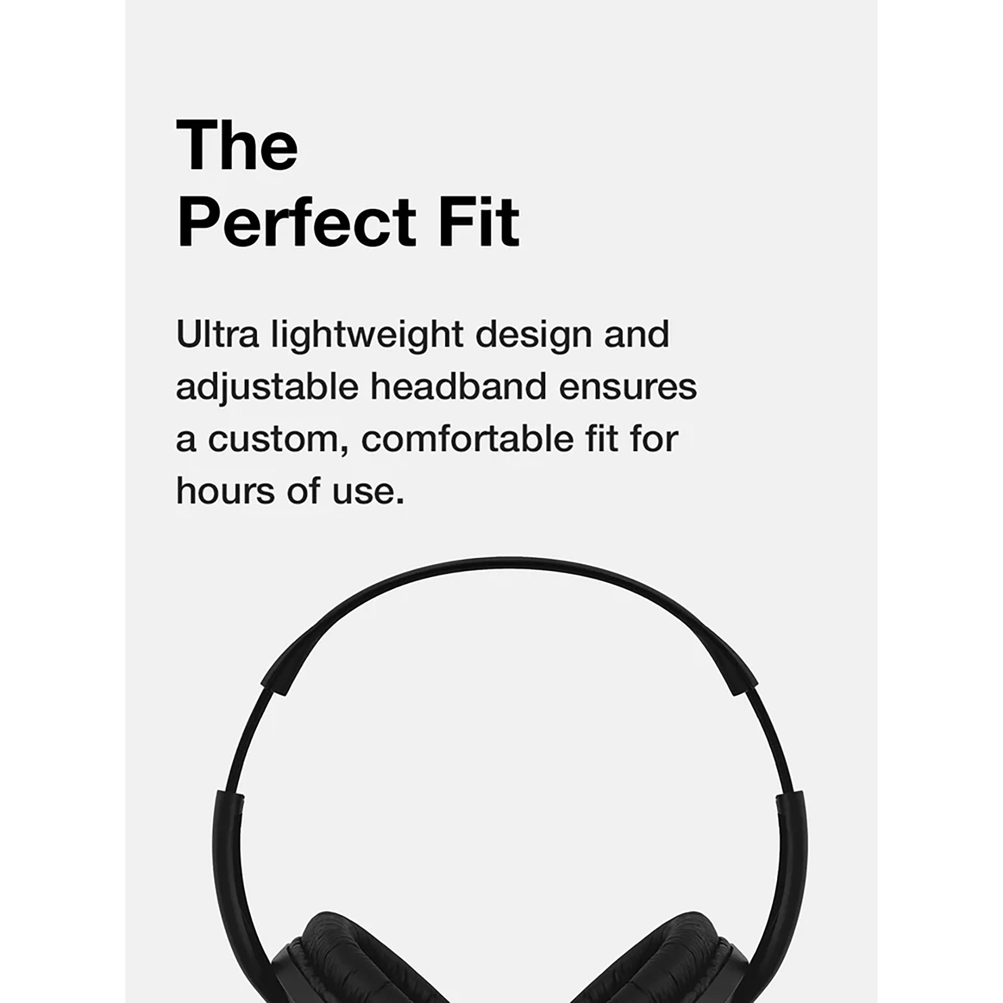 Cuffie nere con testo 'The Perfect Fit' su sfondo bianco, che enfatizzano comfort e design.