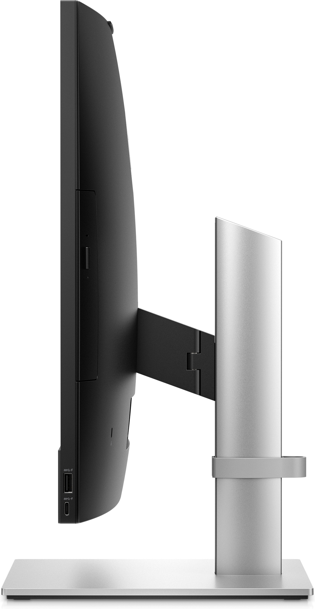 Widok z boku monitora komputera ze srebrną podstawką. Ekran jest czarny.