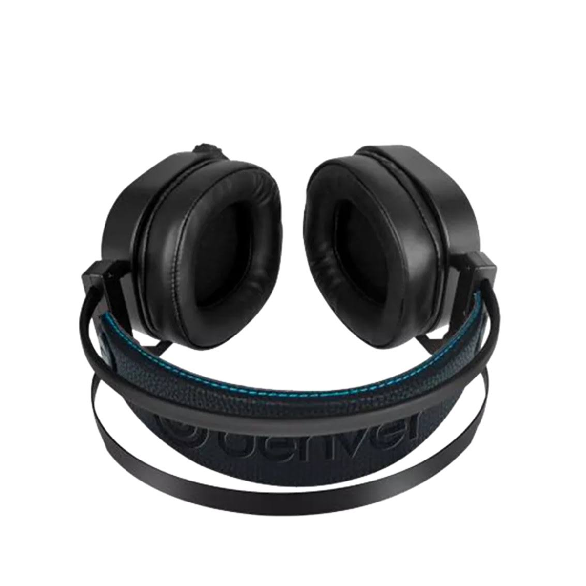 Auriculares circumaurales con auriculares negros y diadema de tela azul.