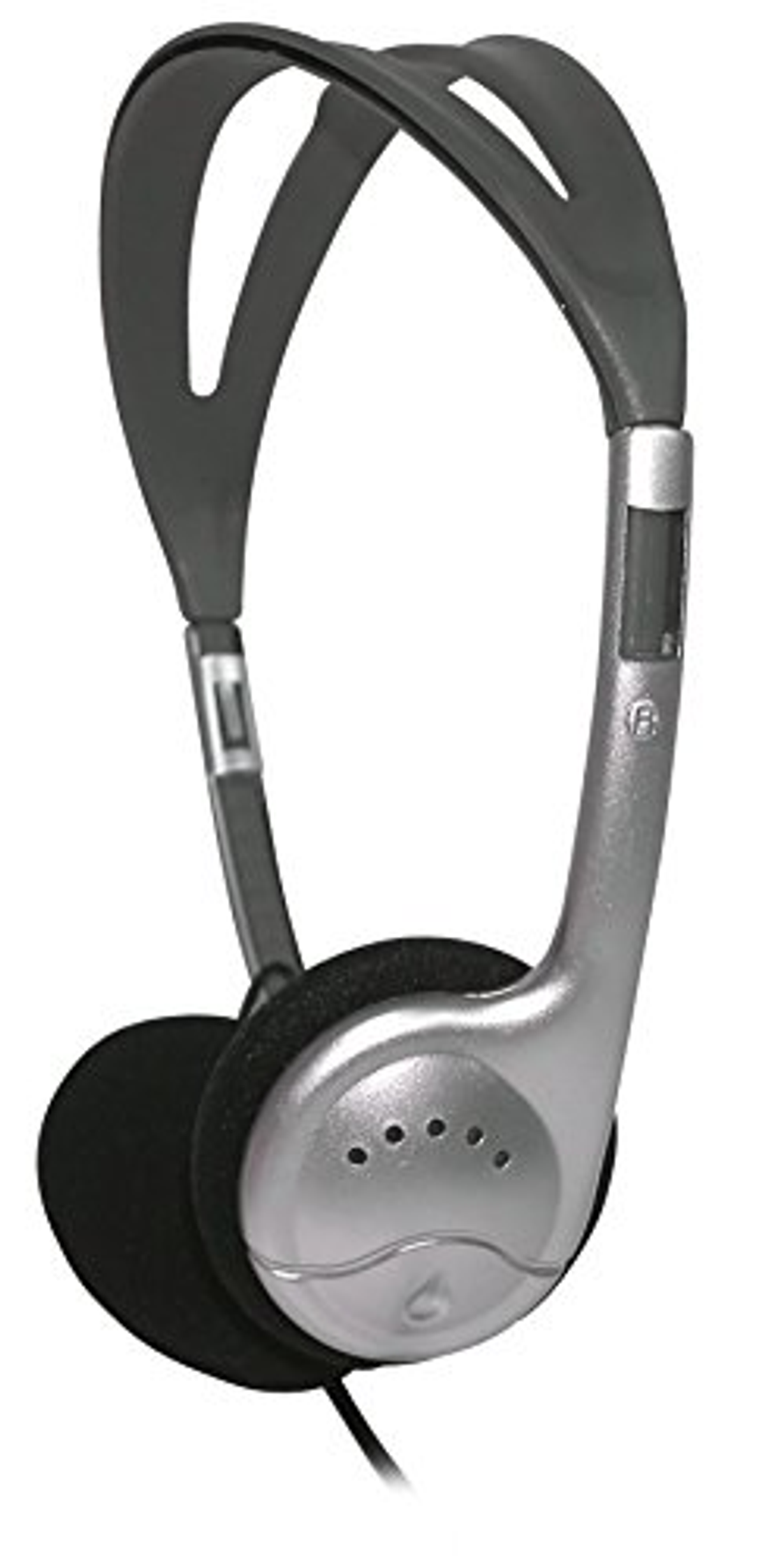 Srebrno-szare słuchawki z czarnymi nausznikami, prosty design.