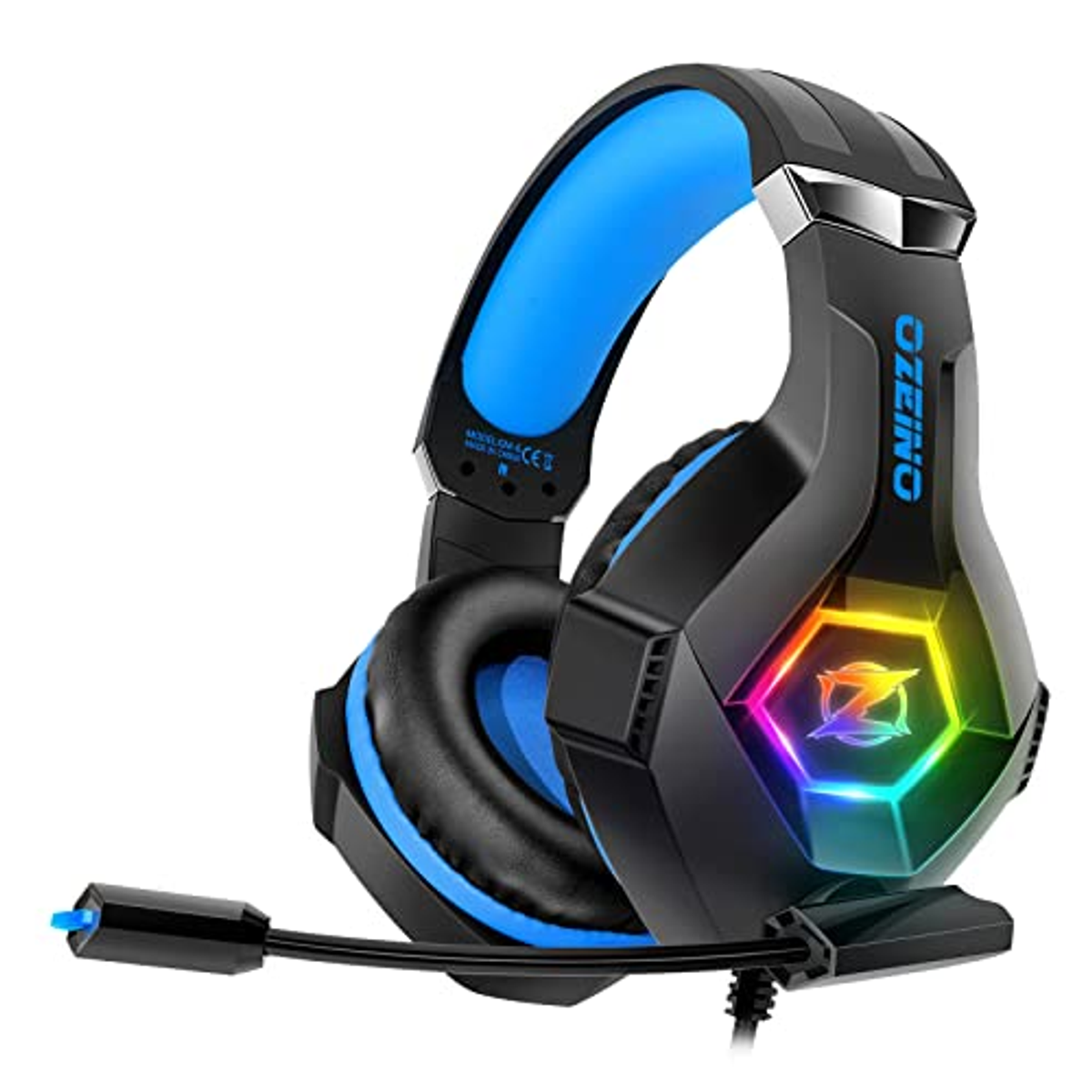 Cuffie da gioco nere e blu con microfono e luci multicolore sui padiglioni.