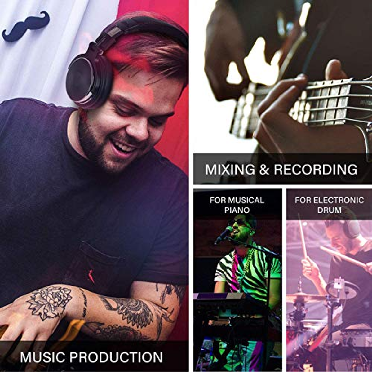 Un collage di immagini relative alla produzione musicale, tra cui cuffie e una tastiera.