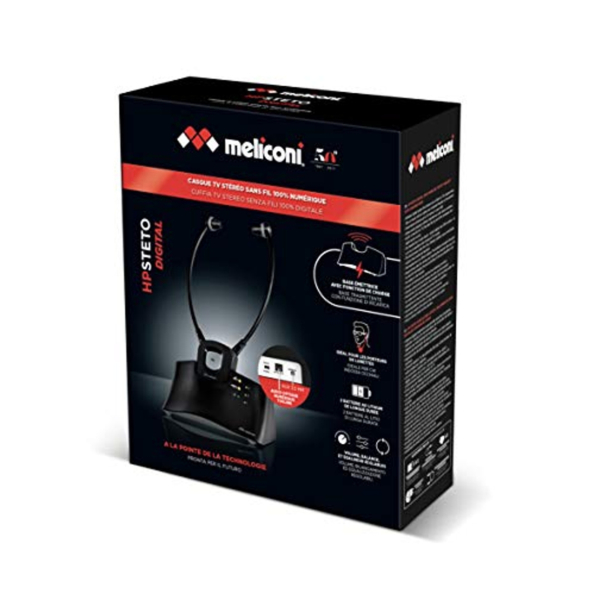 Czarne pudełko ze słuchawkami i stacją bazową, tekst w wielu językach.