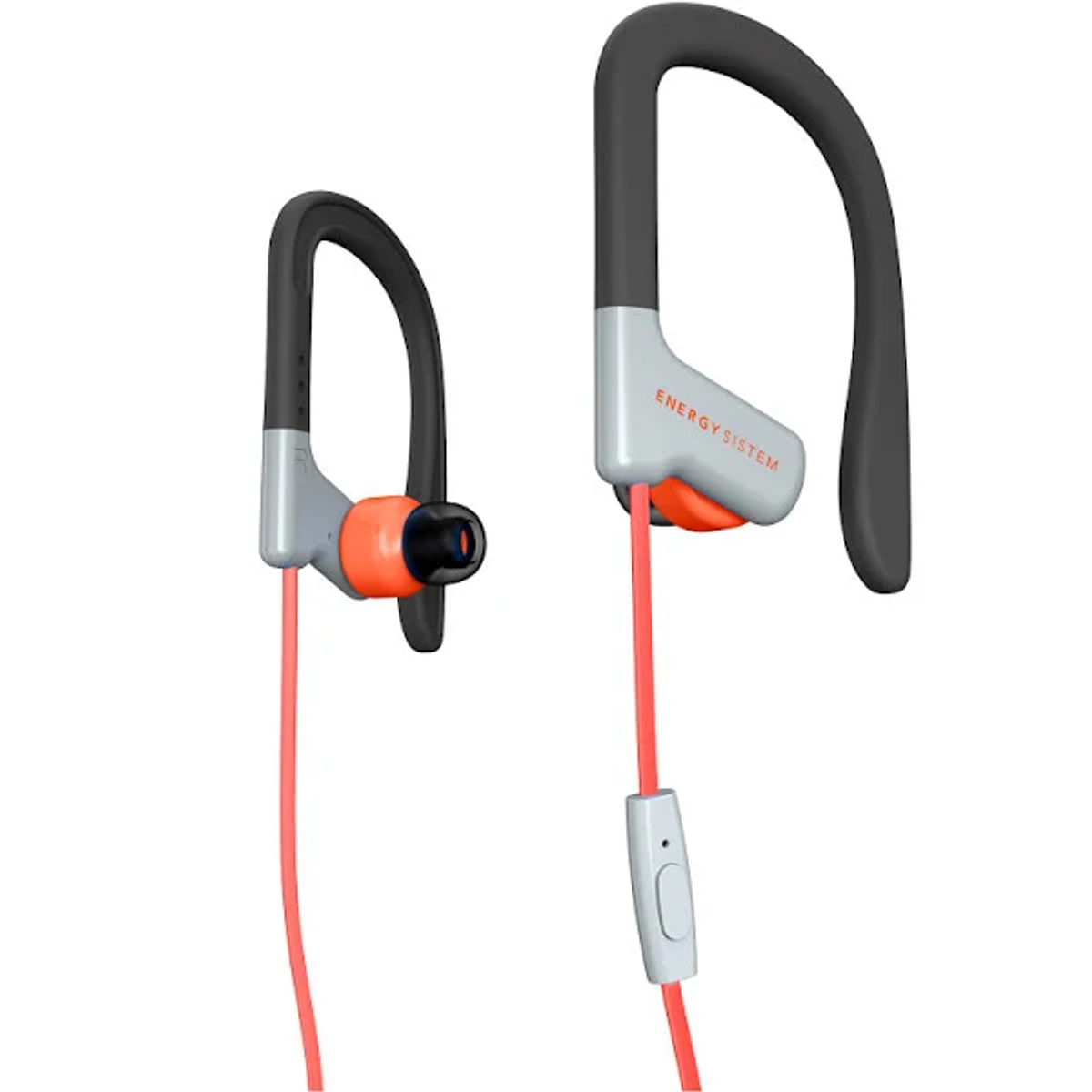 Auricolari sportivi arancioni e grigi con cavo rosso.
