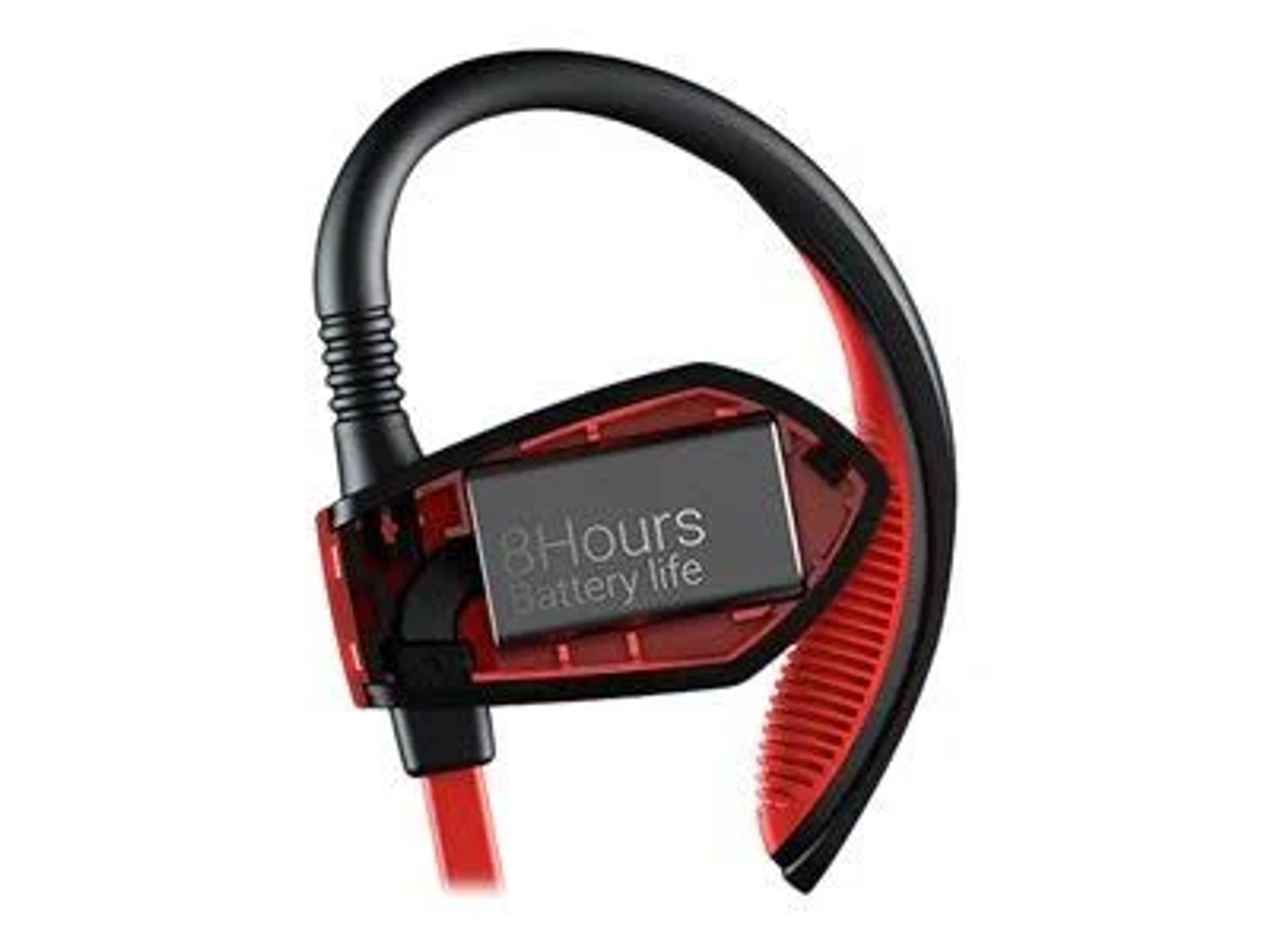 Auricolare nero e rosso. Design con gancio per l'orecchio. Etichetta con 8 ore di durata della batteria. Sfondo bianco.