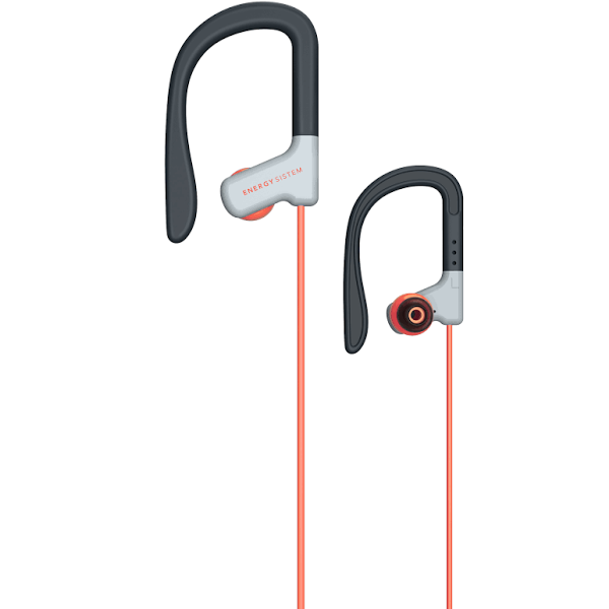 Auricolari in-ear. Schema grigio e arancione. Il design va sopra l'orecchio con un cavo.