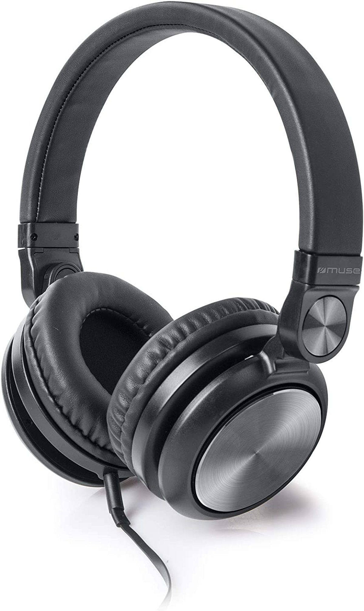 Słuchawki Muse: Czarne słuchawki Muse, metaliczne akcenty, konstrukcja nauszna, na białym tle.