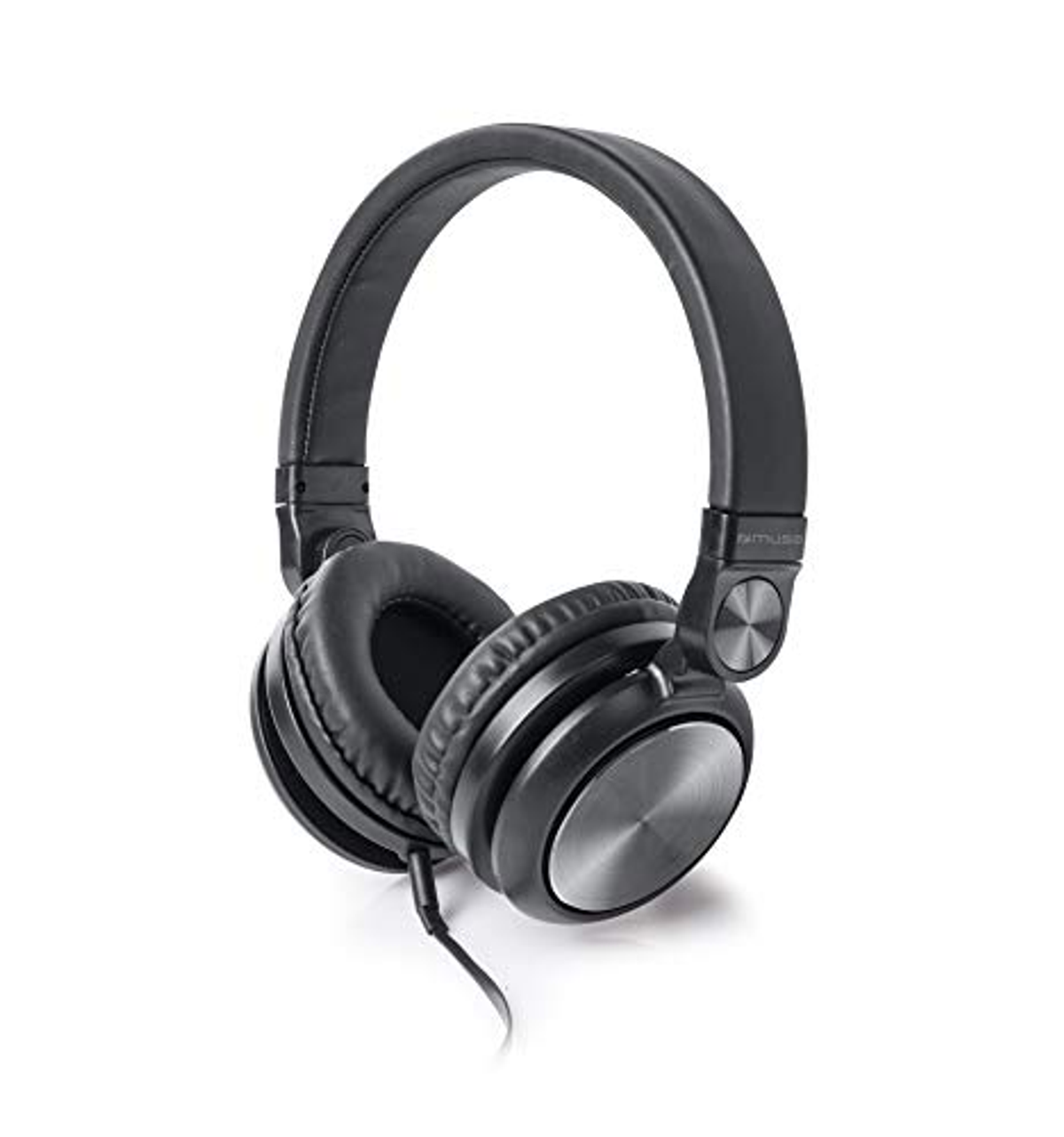 Czarne słuchawki ze srebrnymi detalami i kablem.