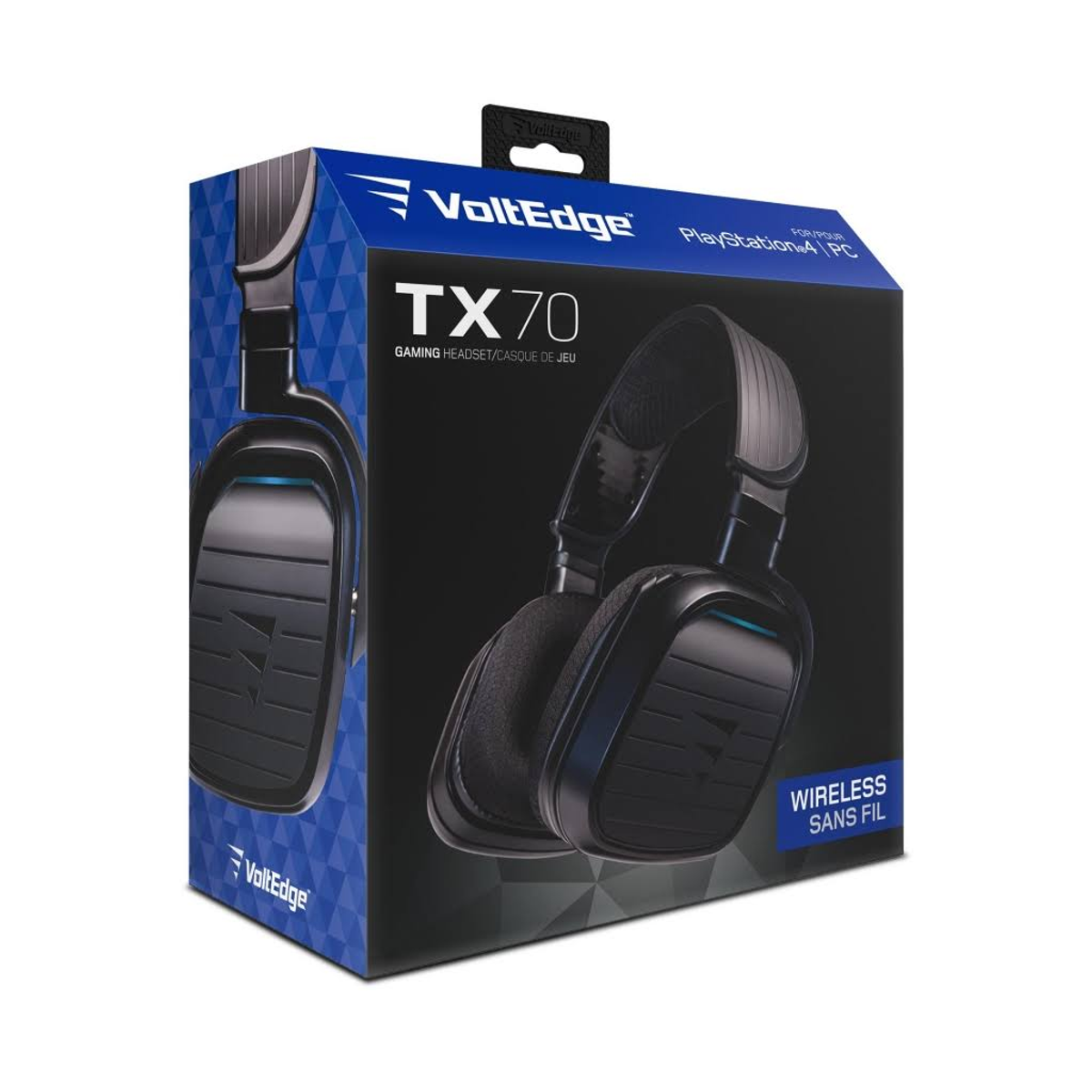 Scatola delle cuffie. Scatola blu con immagine di cuffie nere e le parole 'TX 70' e 'Gaming Headset'.