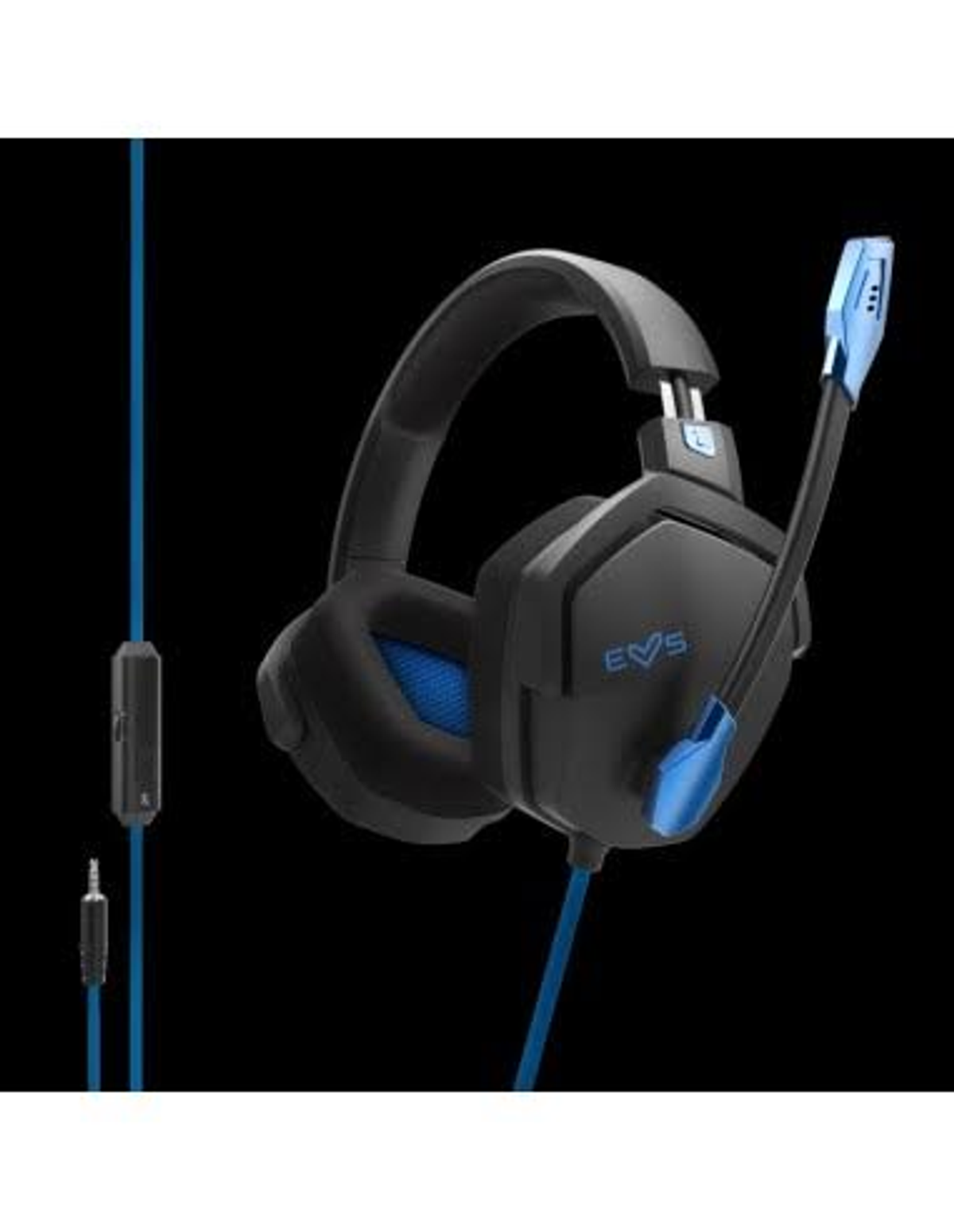 Auriculares para juegos negros y azules con micrófono y cable de audio azul.