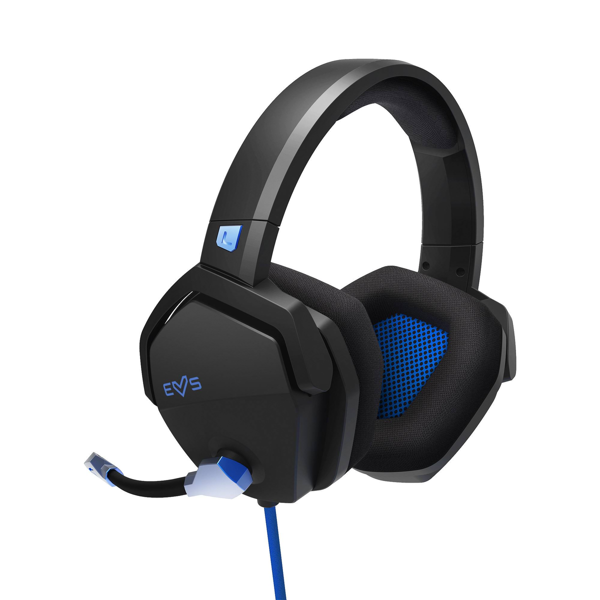 Auriculares negros sobre la oreja con micrófono. Los auriculares están sobre un fondo blanco.