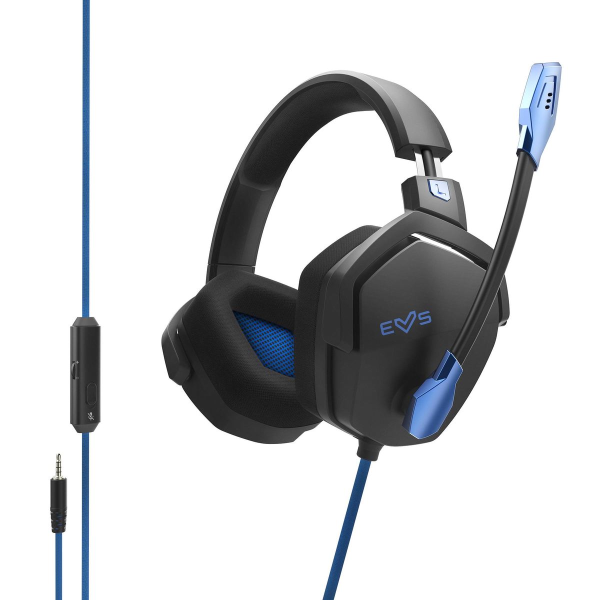 Auriculares para juegos negros y azules con micrófono. Un cable azul está conectado a los auriculares.