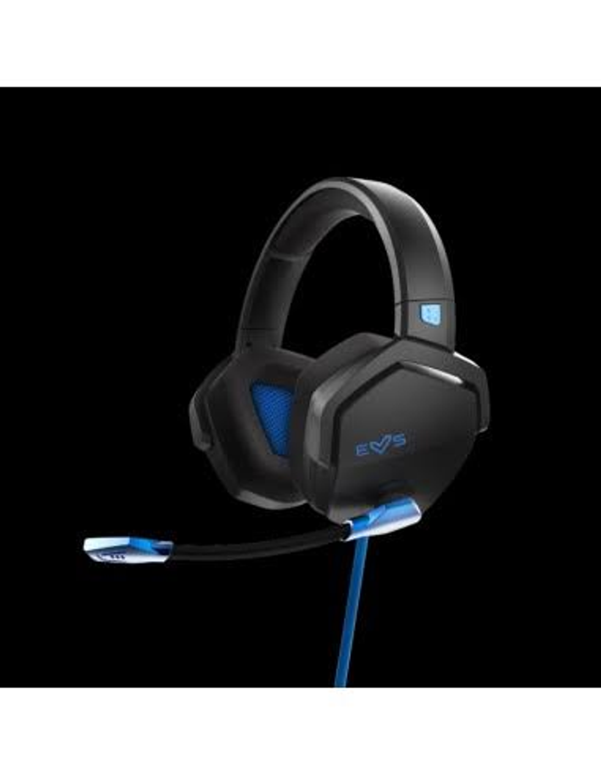 Auriculares negros con micrófono azul. El fondo es negro liso.
