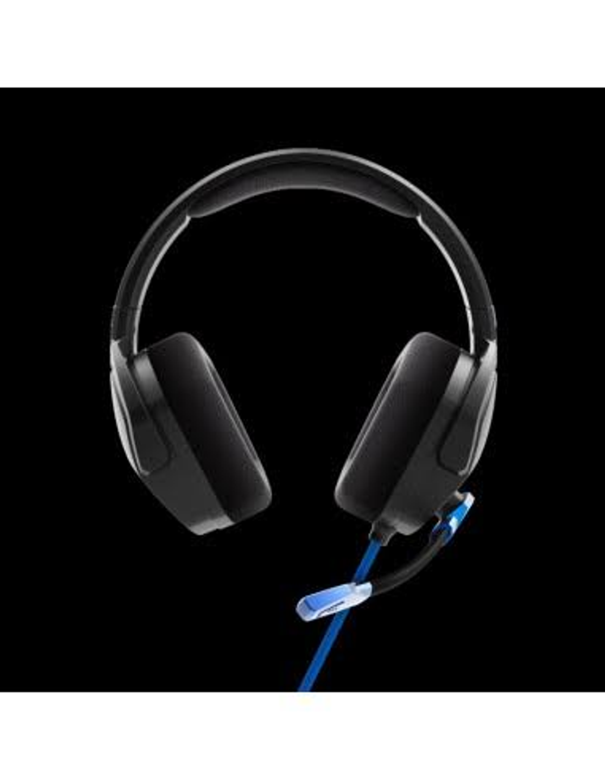 Auriculares gaming negros con micrófono azul y luz azul al final del cable.