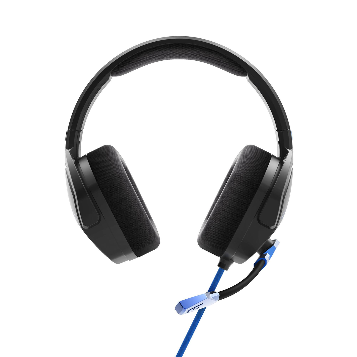 Auriculares negros con detalles azules y un micrófono. Fondo blanco. Auriculares visibles.
