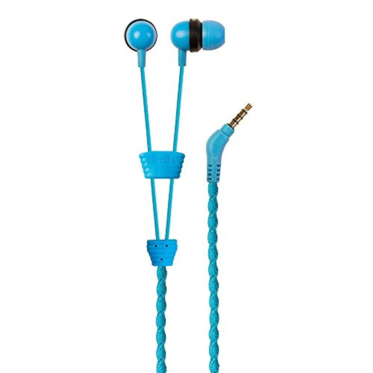 Hellblaue kabelgebundene Ohrhörer mit blauem Kabel und Stecker. Ein blauer Schieber befindet sich am Kabel.
