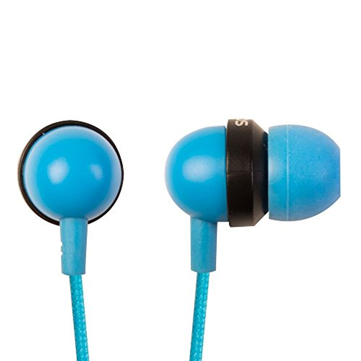 Blaue Ohrhörer mit blauem Kabel, zwei sind sichtbar.