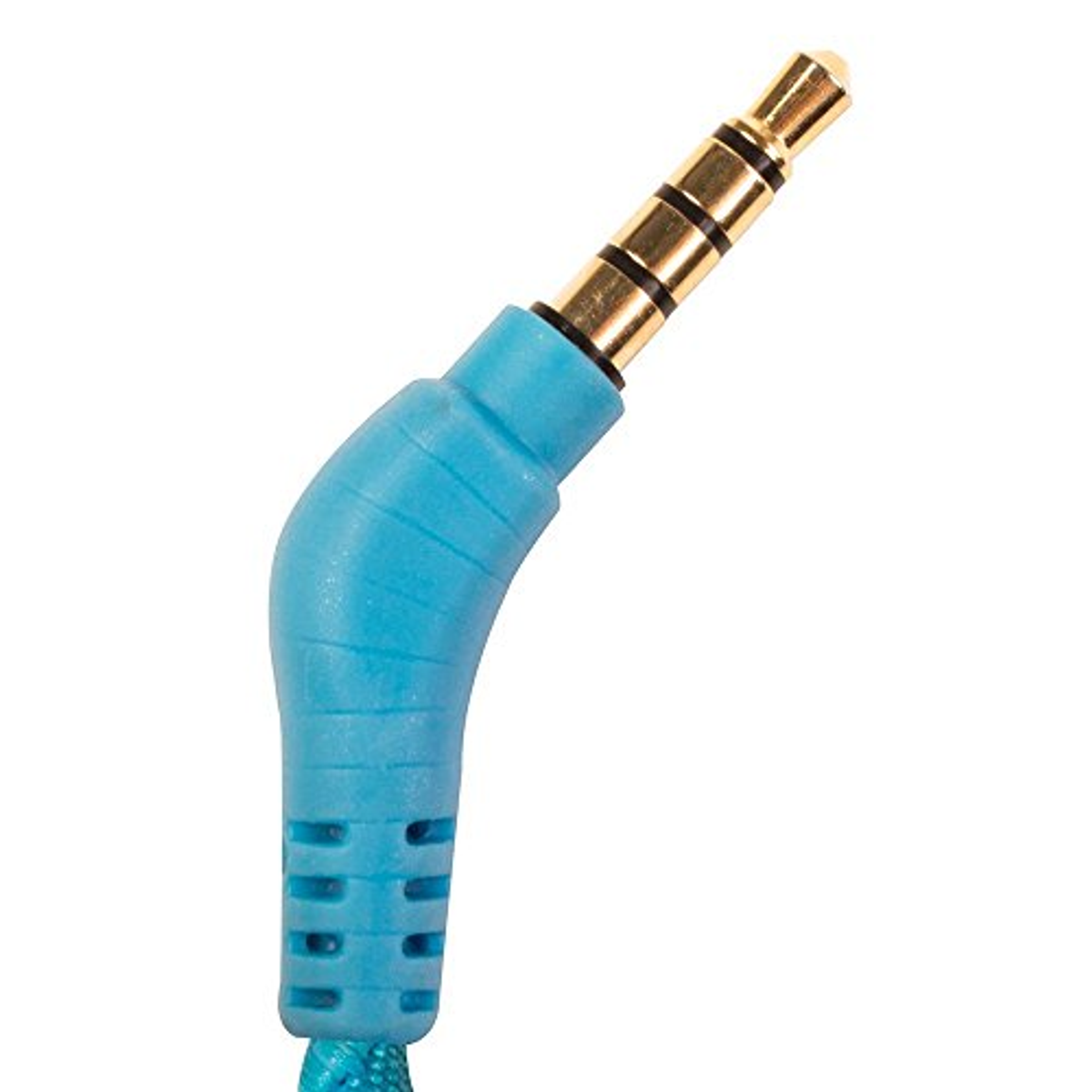 Nahaufnahme eines blauen und goldenen Audio-Klinkensteckers.