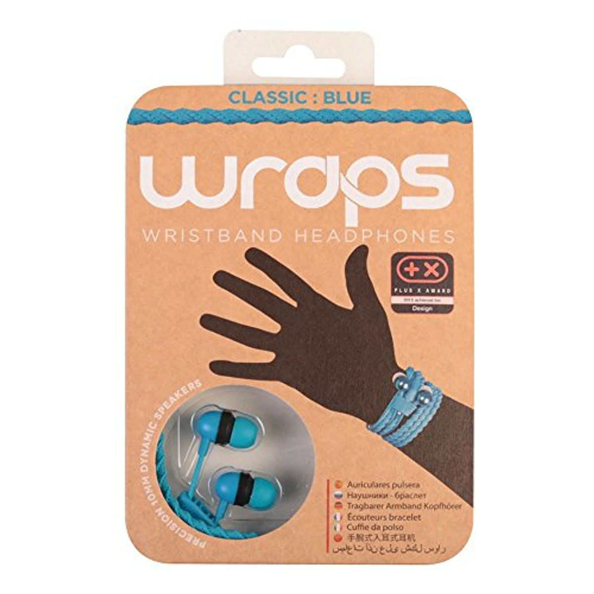 Kopfhörer in einer Schachtel. Die Schachtel zeigt eine Hand, die ein blaues Armband trägt.