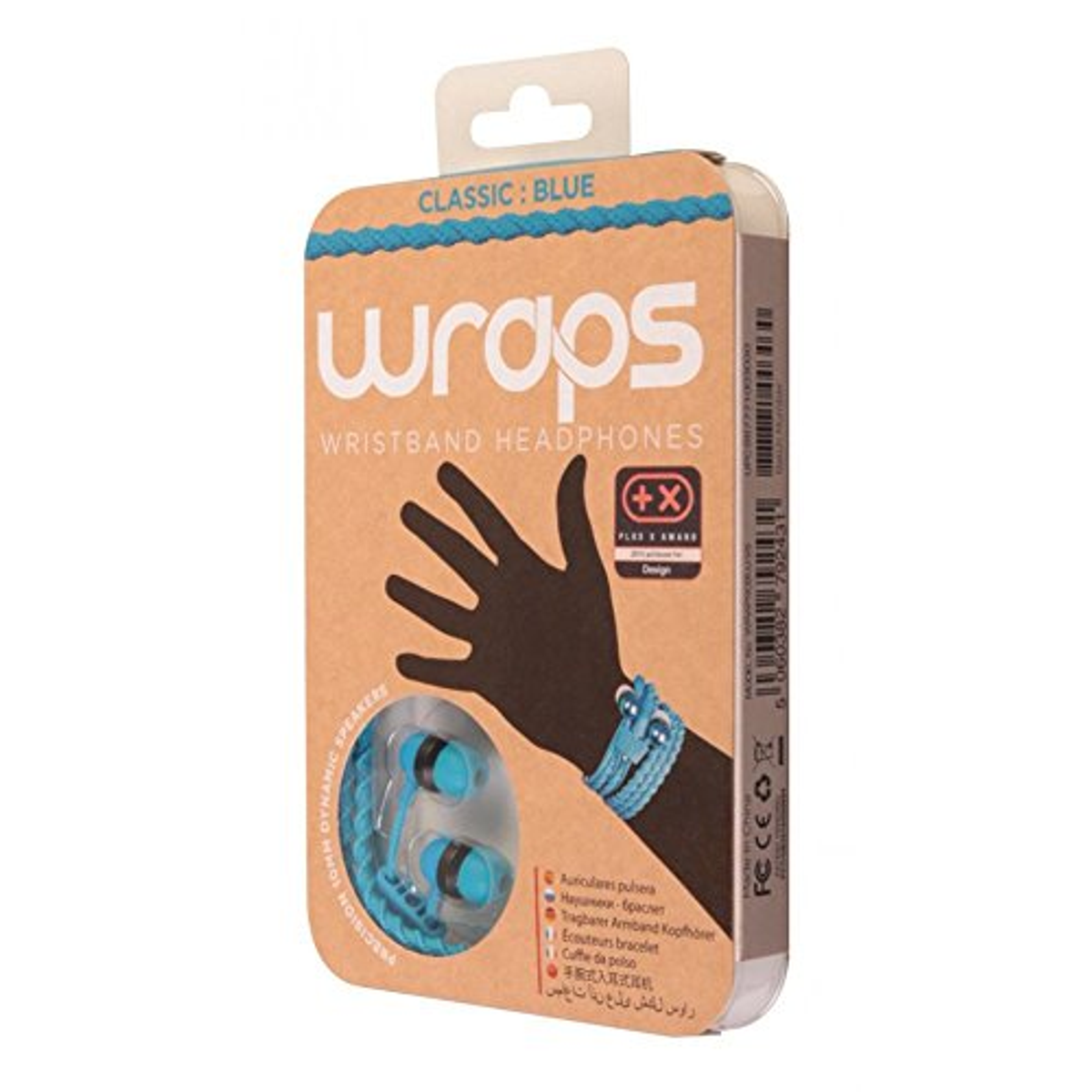 Eine Packung blauer Wraps-Armband-Kopfhörer mit einer Zeichnung einer Hand mit Armband.