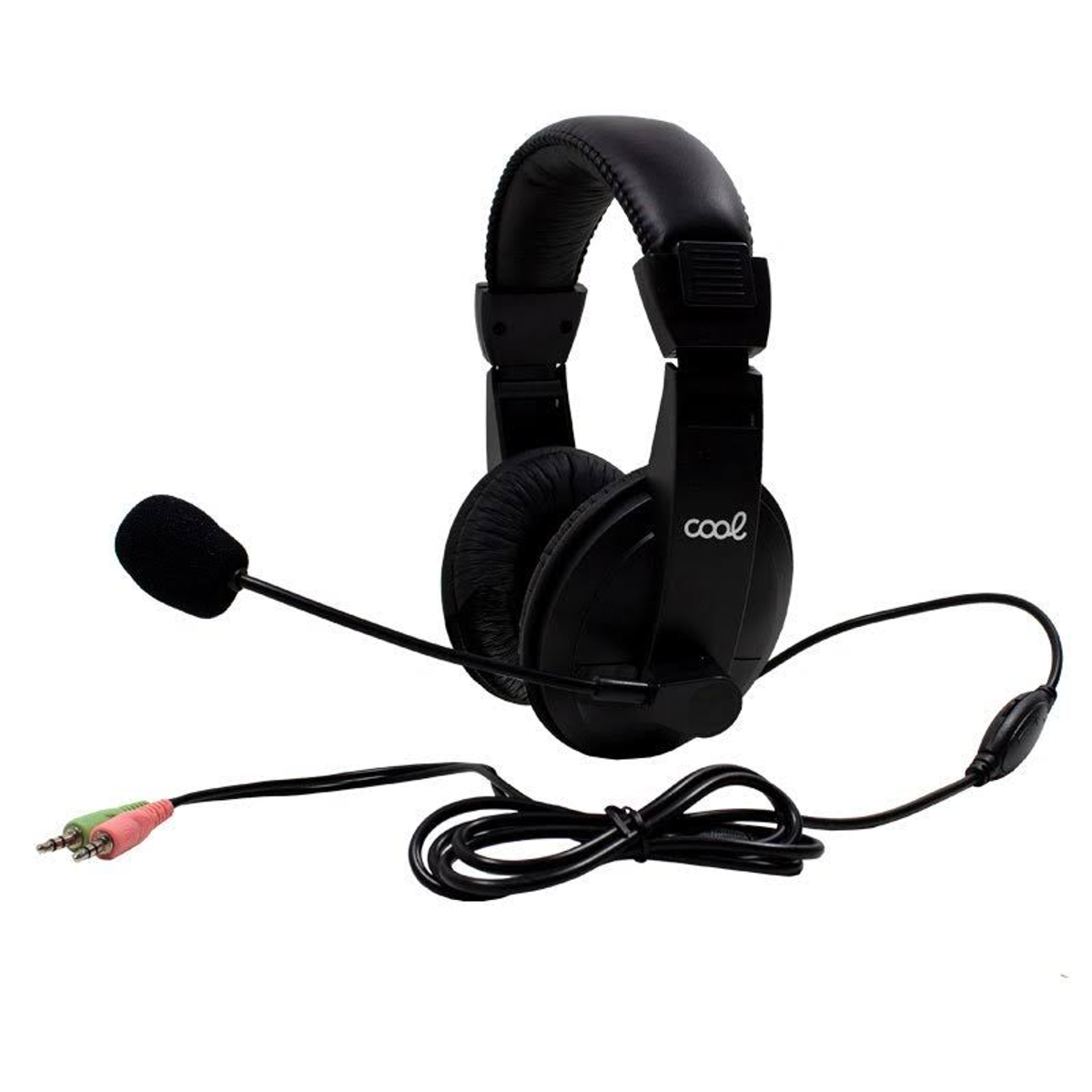 Auriculares negros supraaurales con micrófono. El cable tiene dos conectores.