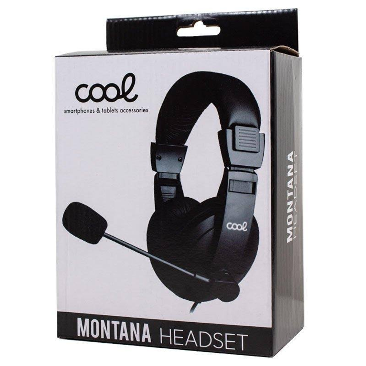 Un auricular negro en una caja, con el texto 'COOL' y 'MONTANA HEADSET' visibles.