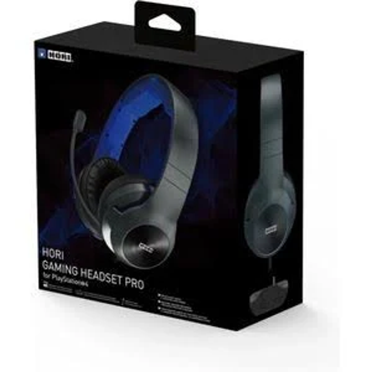 Czarny zestaw słuchawkowy dla graczy w pudełku z tekstem, na ciemnym tle.