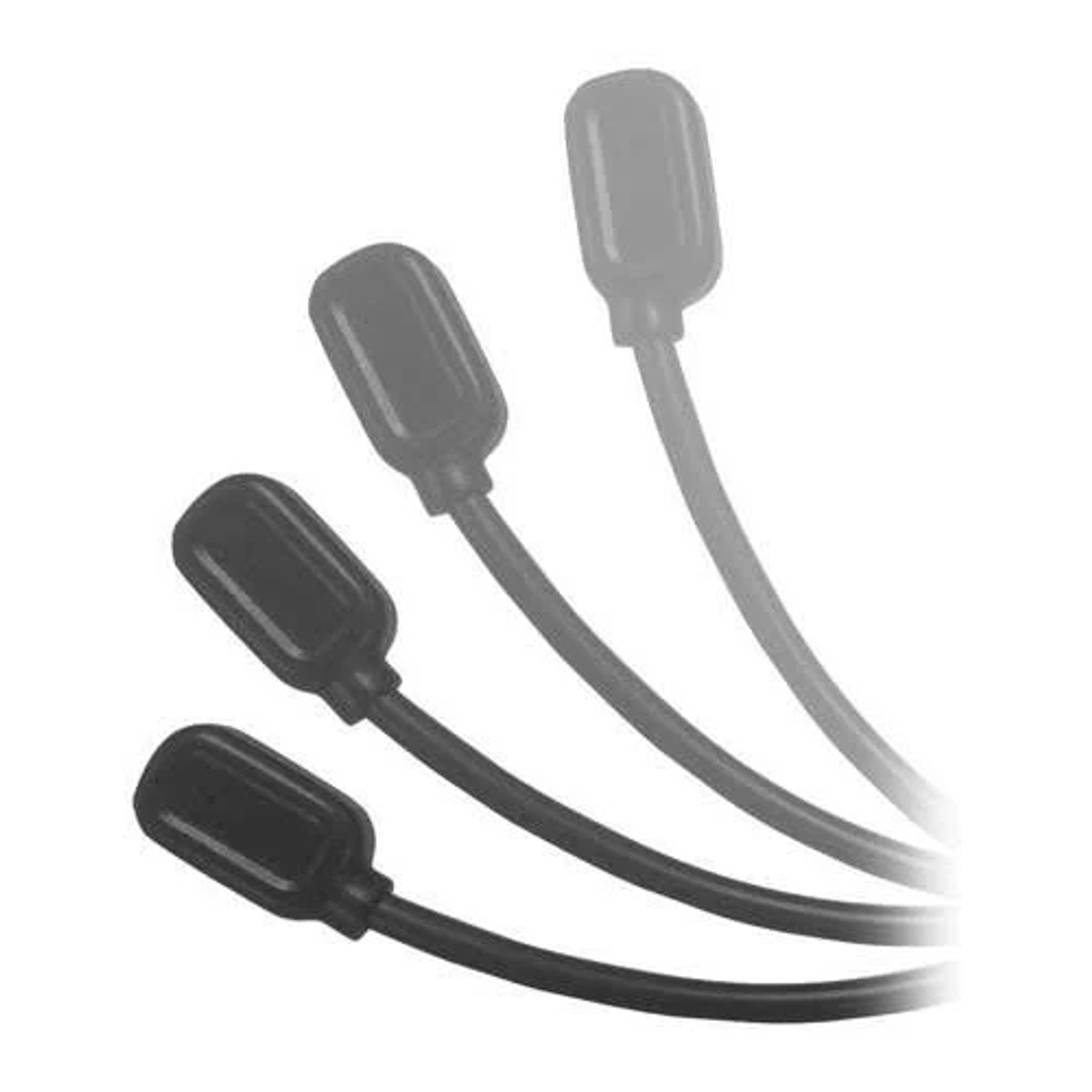 Trzy czarne głowice mikrofonów w różnych pozycjach na białym tle.