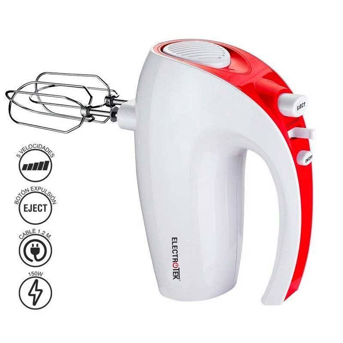 Biały i czerwony mikser ręczny z 5 prędkościami i przyciskiem wyrzutu.