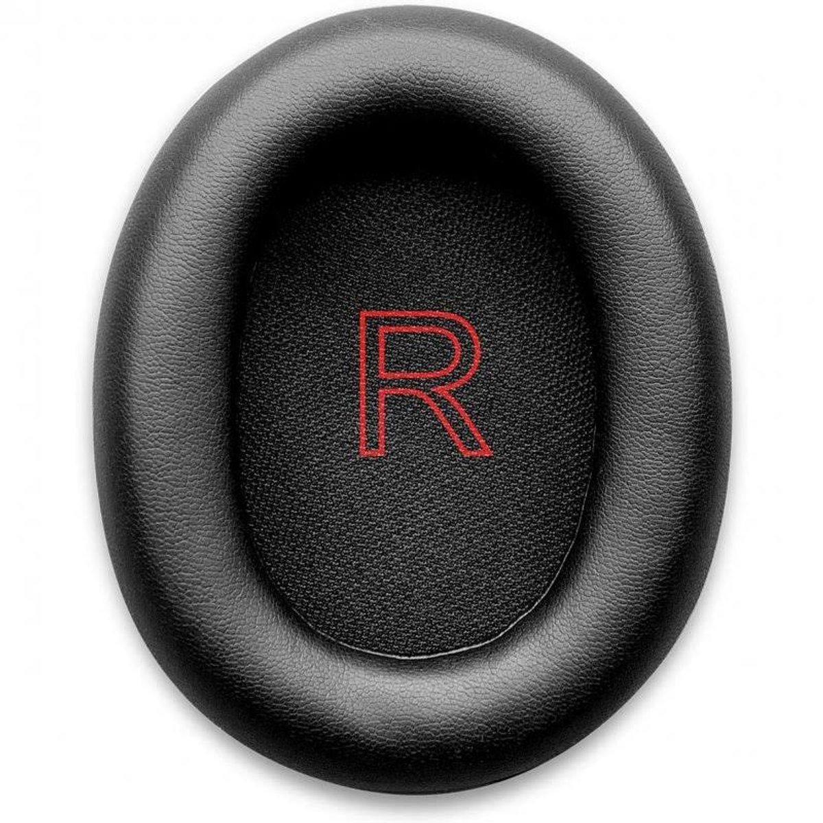 Czarna poduszka nauszna do słuchawek z czerwoną literą 'R'.