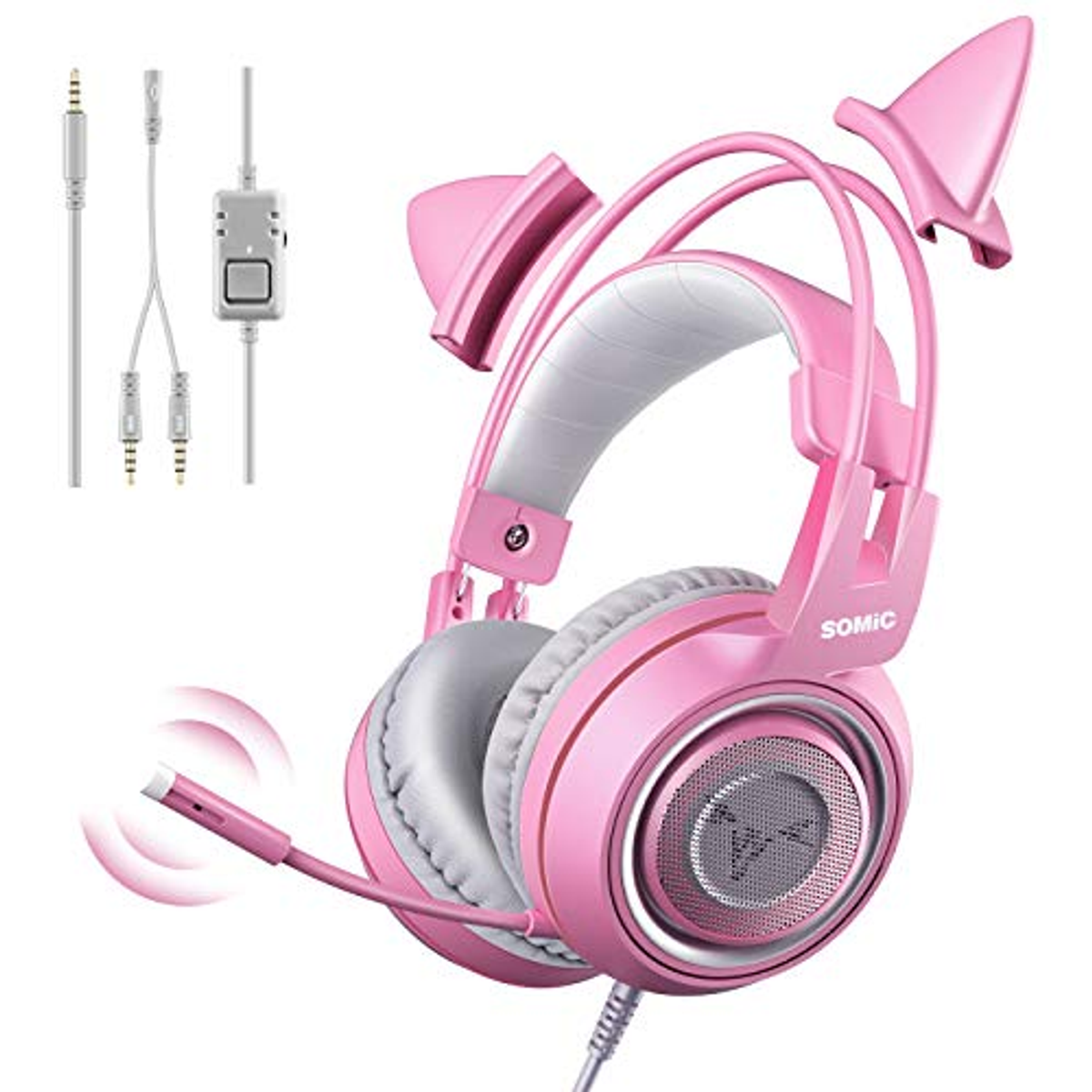 Cuffie rosa con orecchie da gatto con microfono e centralina. Sfondo bianco.