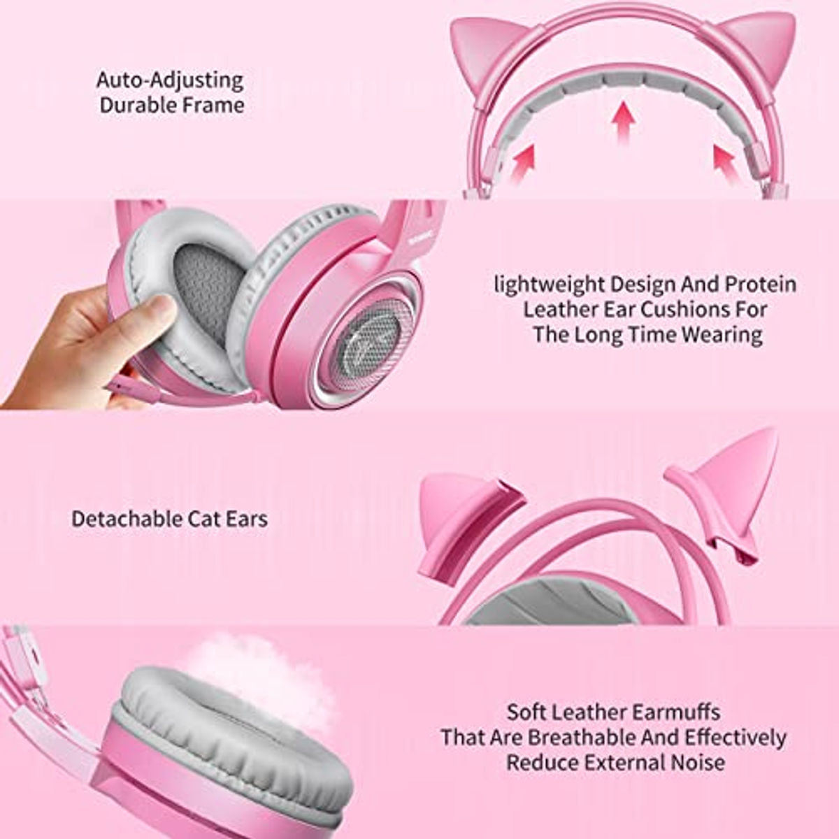 Cuffie rosa con orecchie da gatto. L'immagine mostra primi piani con dettagli sui cuscinetti e l'archetto.