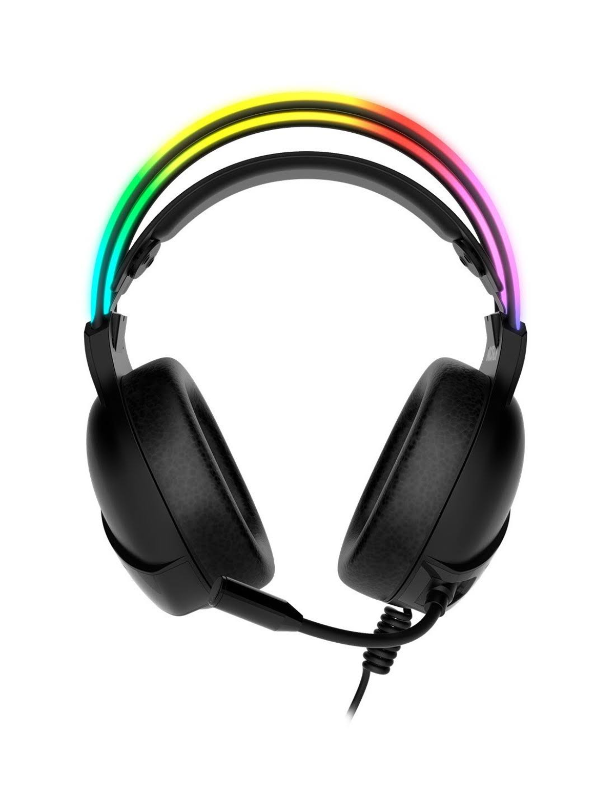 Czarne słuchawki dla graczy z tęczowymi światłami na pałąku.