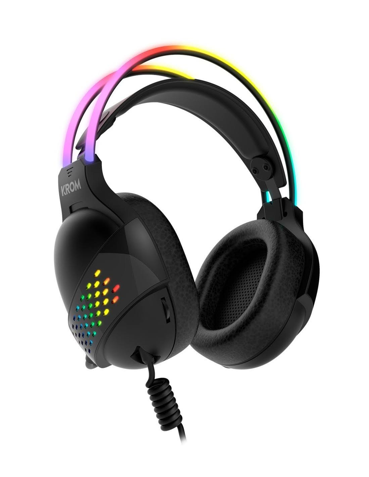 Czarne słuchawki dla graczy z oświetleniem RGB, widok z lewej strony. Marka to KROM.