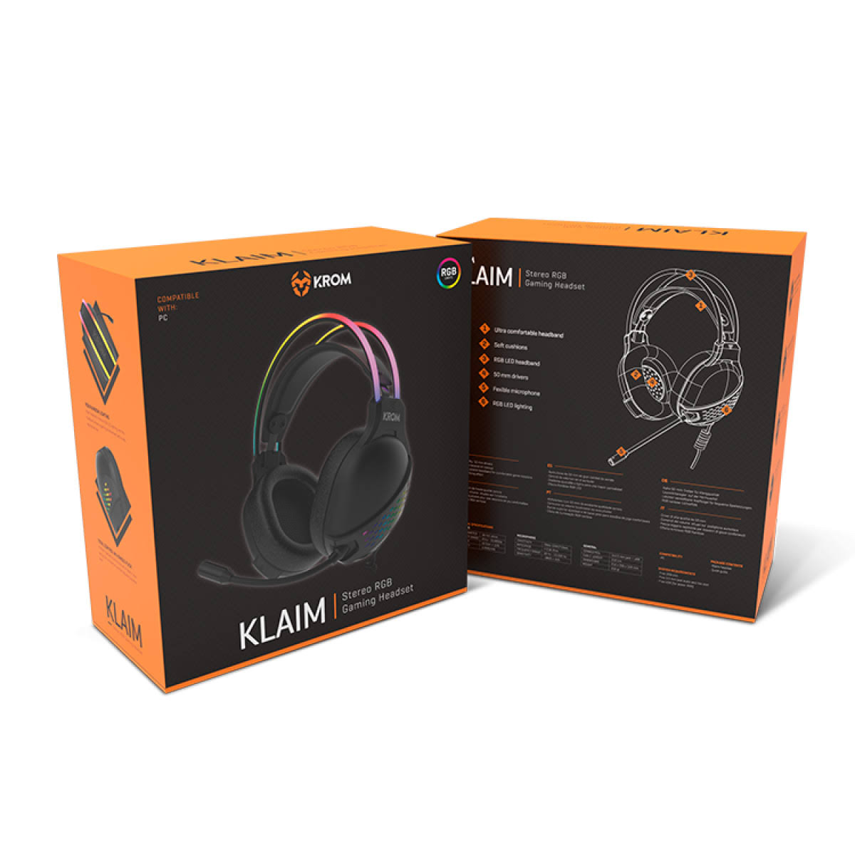Pudełko słuchawek. Czarne słuchawki z oświetleniem RGB. Pudełko zawiera tekst o produkcie.