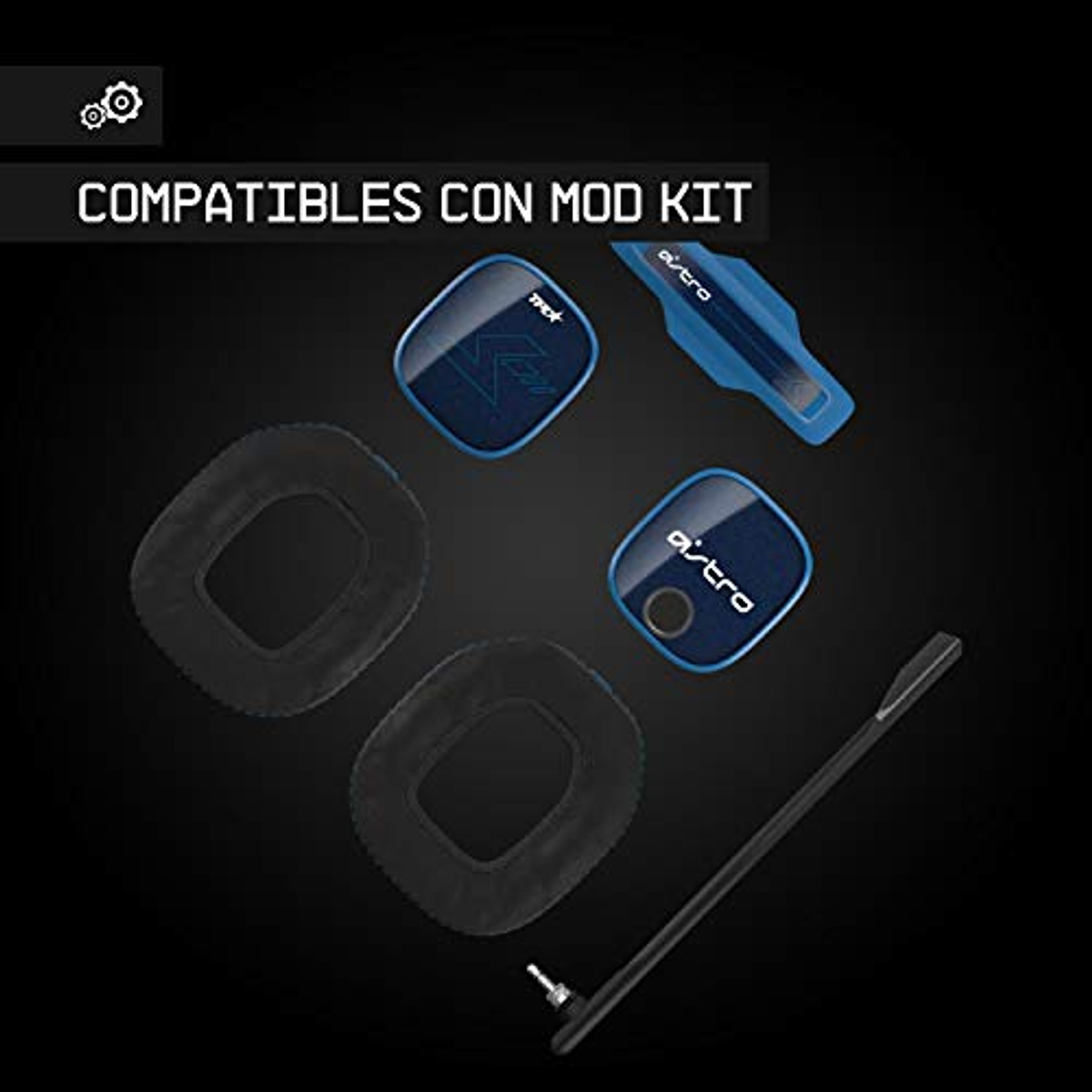 Zestaw modyfikacji słuchawek z niebieskimi i czarnymi nausznikami i mocowaniem mikrofonu na ciemnym tle.