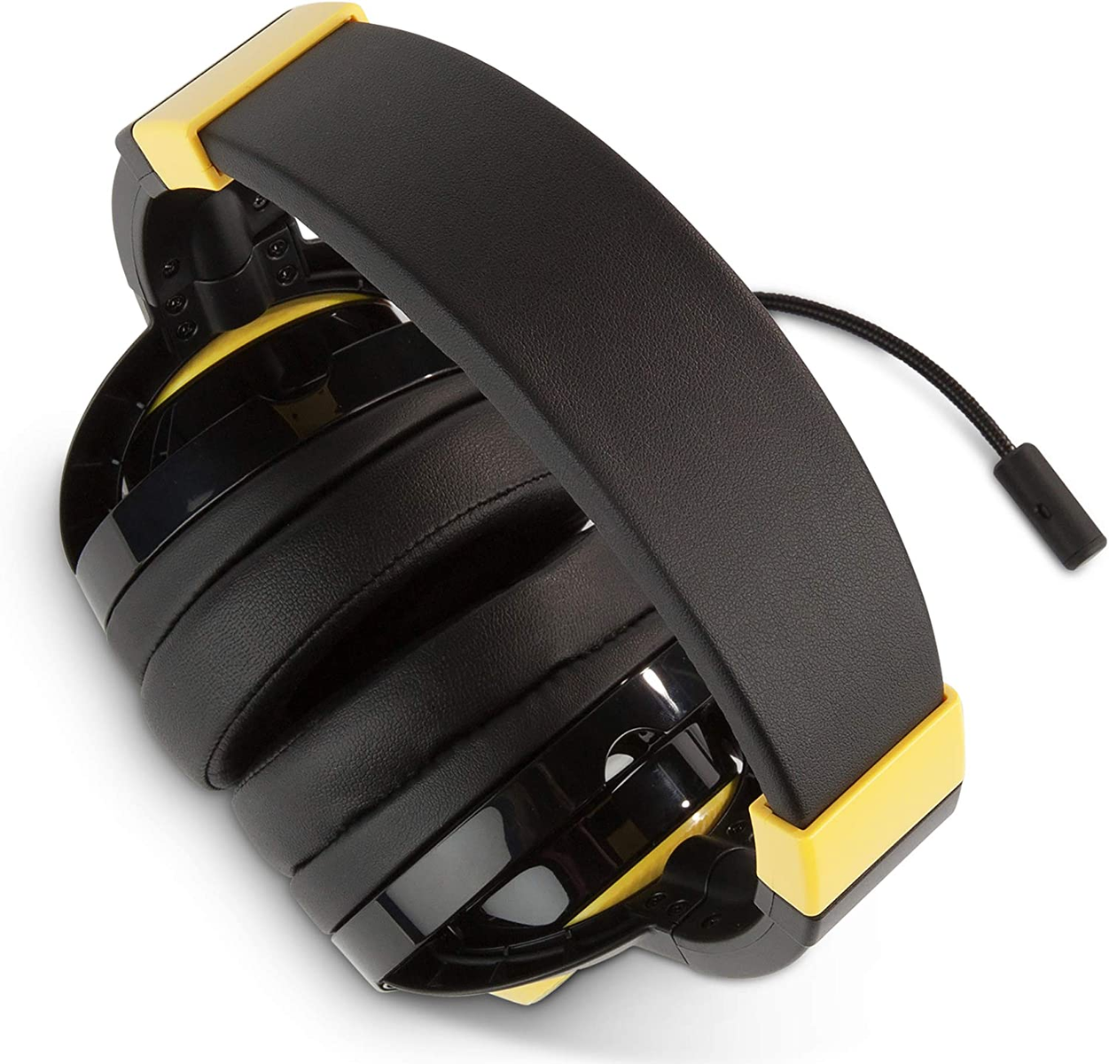 Gefaltetes schwarz-gelbes Headset. Das Headset ist gefaltet und zeigt die inneren Ohrmuscheln.