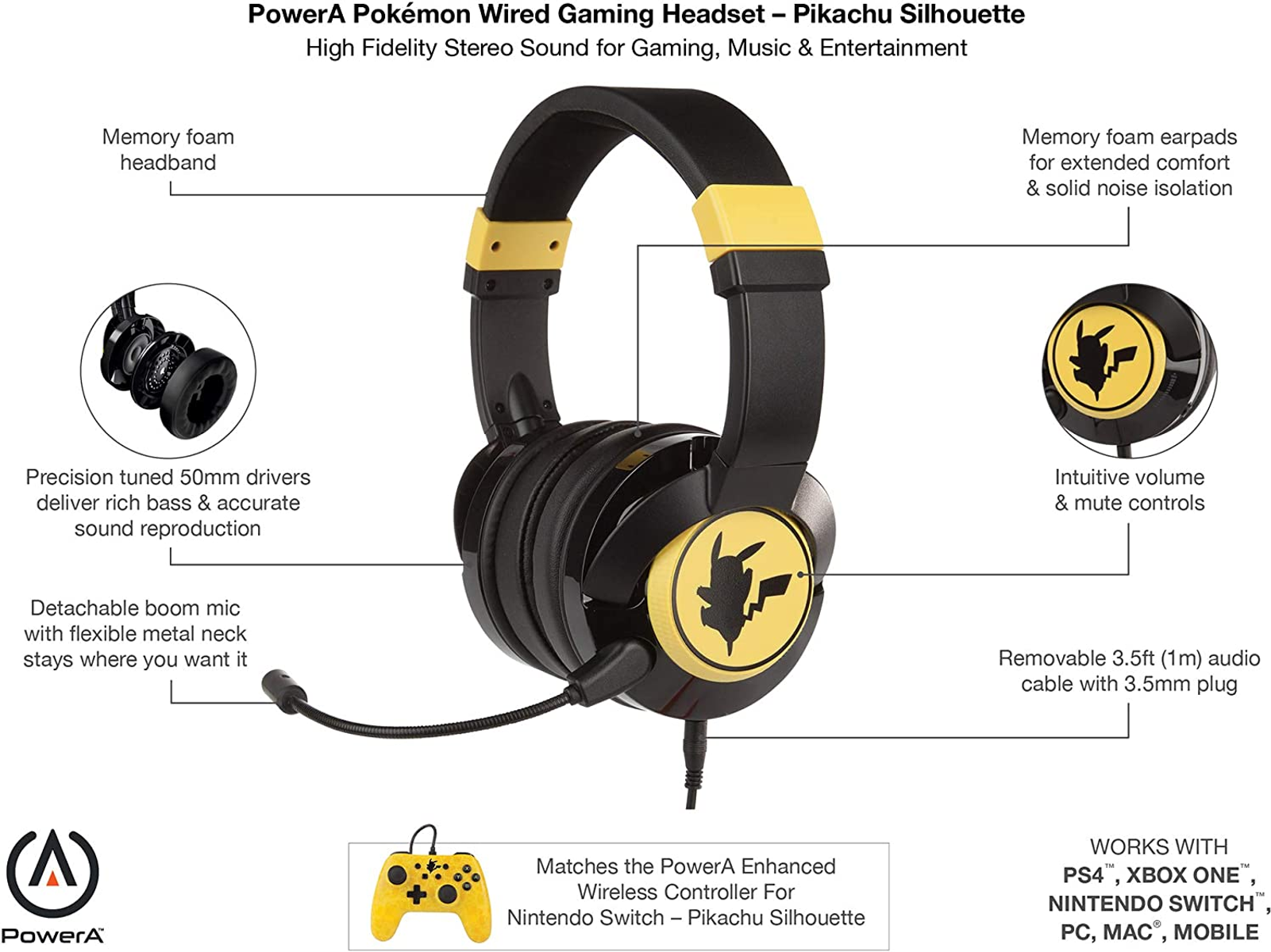 Schwarz-gelbes PowerA Pikachu Gaming-Headset mit hervorgehobenen Merkmalen.