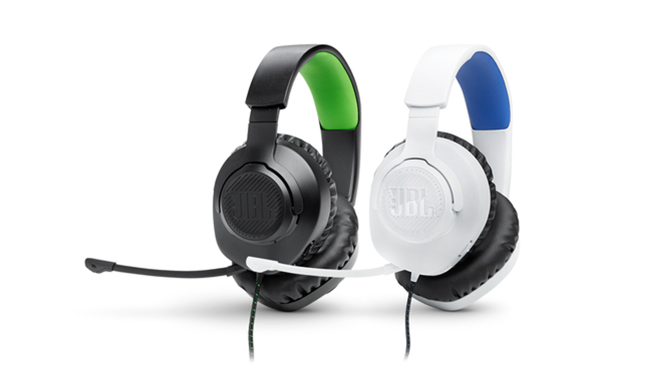 Dwa słuchawki z mikrofonem. Jeden jest czarny z zielonym, drugi biały z niebieskim.