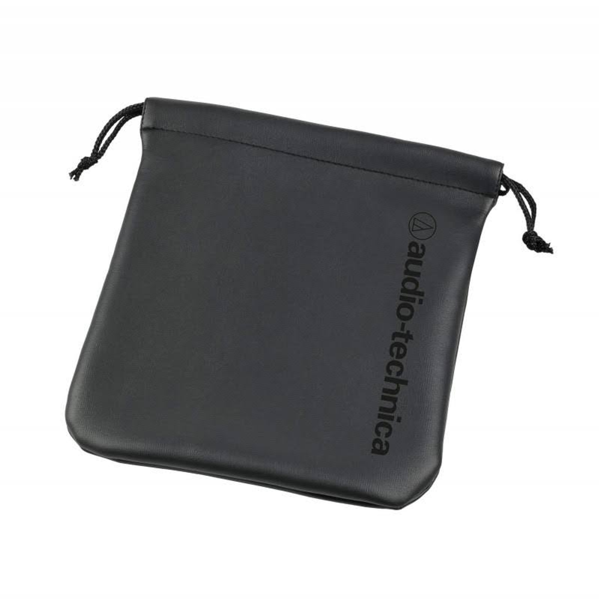 Czarny, skóropodobny woreczek ze sznurkiem. Logo audio-technica nadrukowane na woreczku.