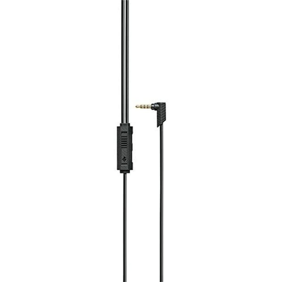 Un cable de auriculares negro con un conector en ángulo recto.