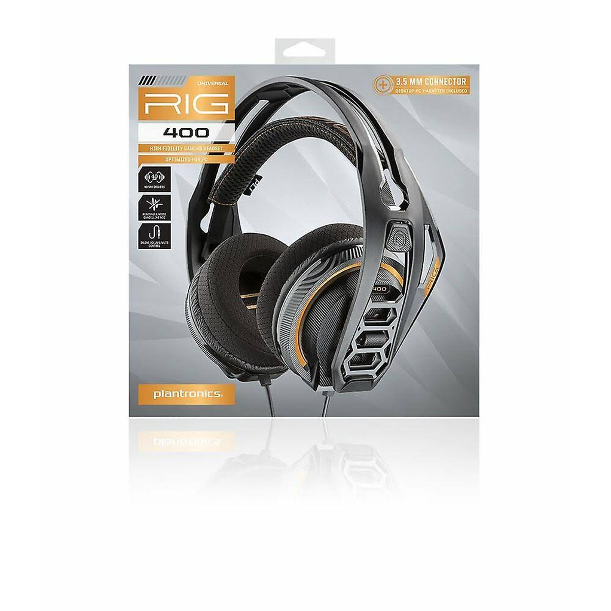 Caja de auriculares con auriculares dentro. Diseño negro y naranja.