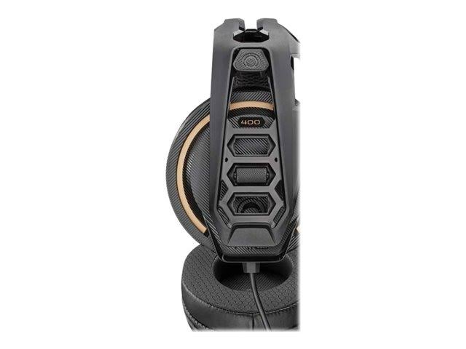 Un auricular para juegos negro y dorado, mostrando la vista lateral con la marca '400'. El diseño es angular.